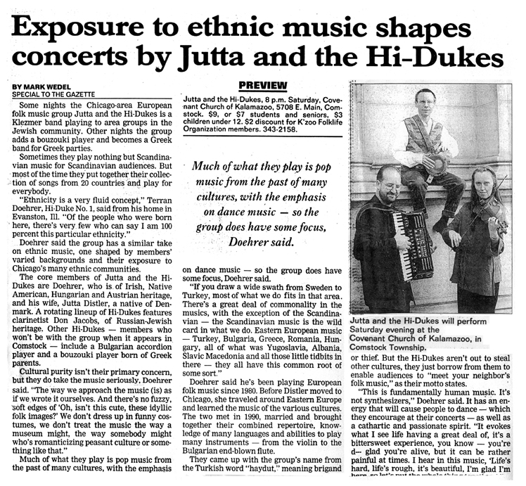Image of the article in the Kalamazoo Gazette clipping about Jutta & the Hi-Dukes (tm)